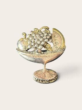 Vintage Gold Tone Fruit Basket Compote Brooch Grapes Apple Pear